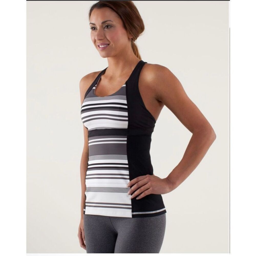 Lululemon Black Grey Striped Run: Fast‎ Track Racerback Tank Top Sz 4 Yoga Gym